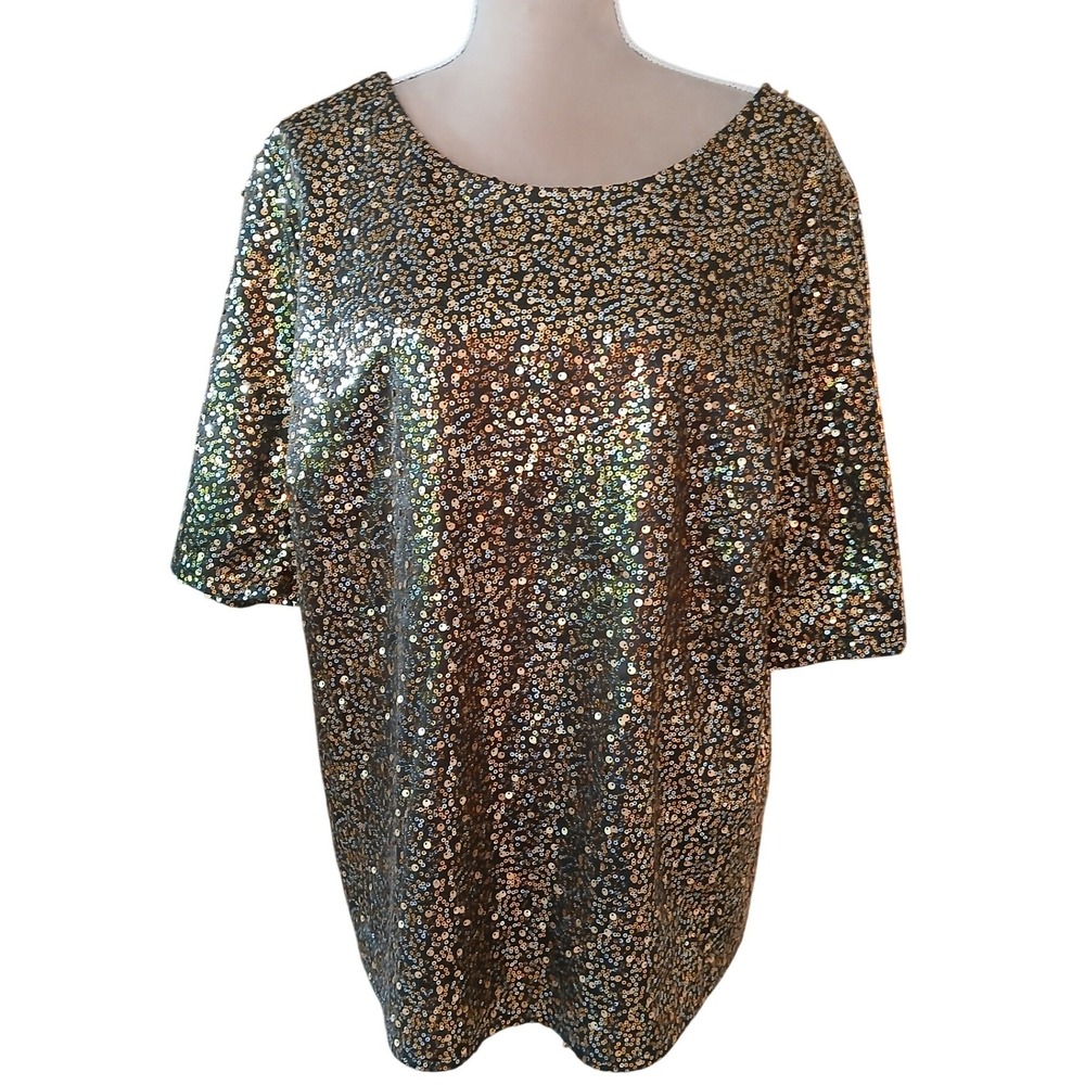 Cato 18/20W Womens Gold Silver Sequin Short Sleeve V-Back Party Top Blouse